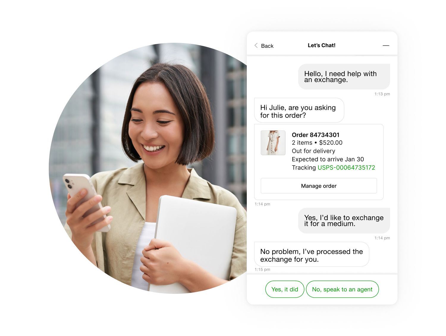Woman looking at her phone showing personalized chat experience