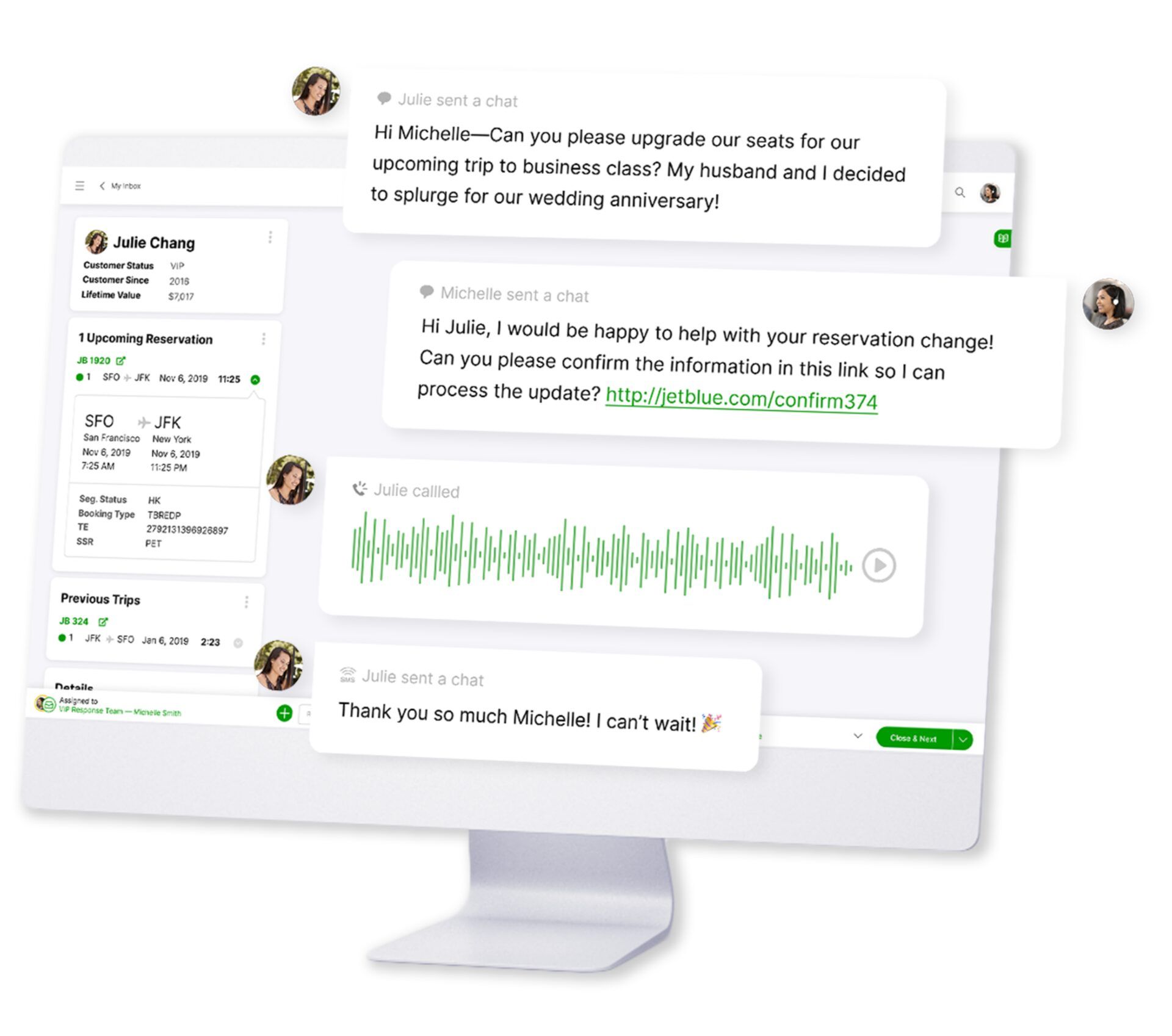 A computer screen displays a customer service interaction for a flight upgrade. Messages between Julie and Michelle discuss upgrading to business class for an anniversary trip. A voice message waveform is visible, conveying a friendly tone.