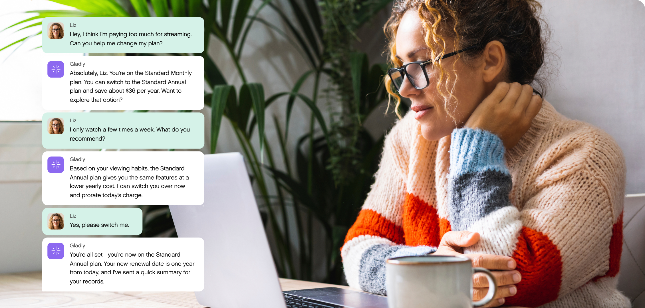 Woman in a cozy sweater sits at a table with a laptop and coffee mug, engaging in a chat about changing a streaming plan. Lush plants in the background.