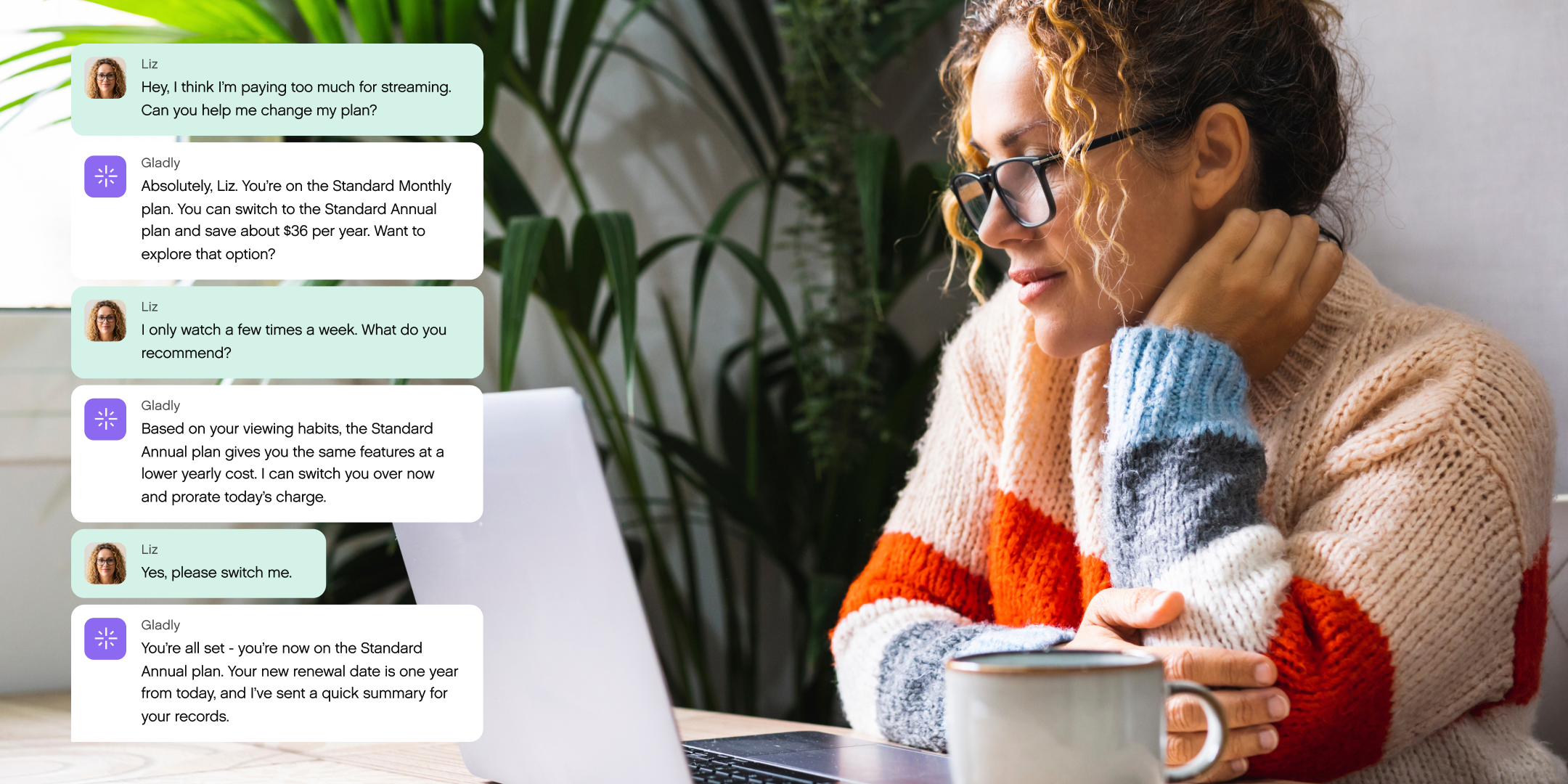Woman in a cozy sweater sits at a table with a laptop and coffee mug, engaging in a chat about changing a streaming plan. Lush plants in the background.