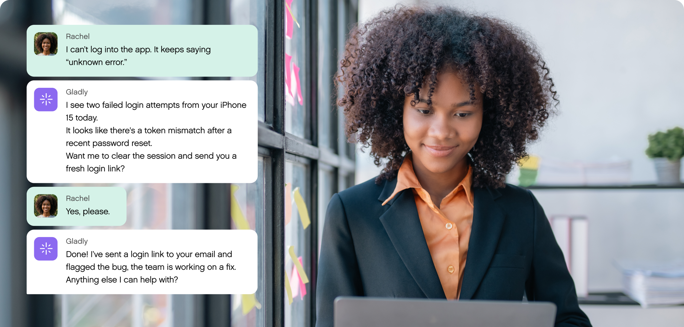 A woman in an office smiles while chatting on a laptop. Text shows a tech support conversation resolving login issues. The mood is positive and productive.