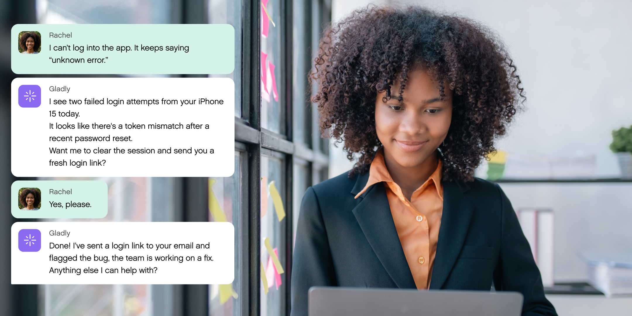 A woman in an office smiles while chatting on a laptop. Text shows a tech support conversation resolving login issues. The mood is positive and productive.