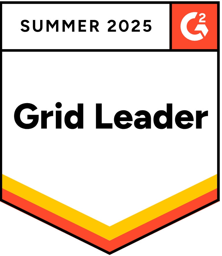 Badge showing "Grid Leader" for Summer 2025 with a red and white G2 logo. It conveys achievement and leadership, highlighted by warm colors.