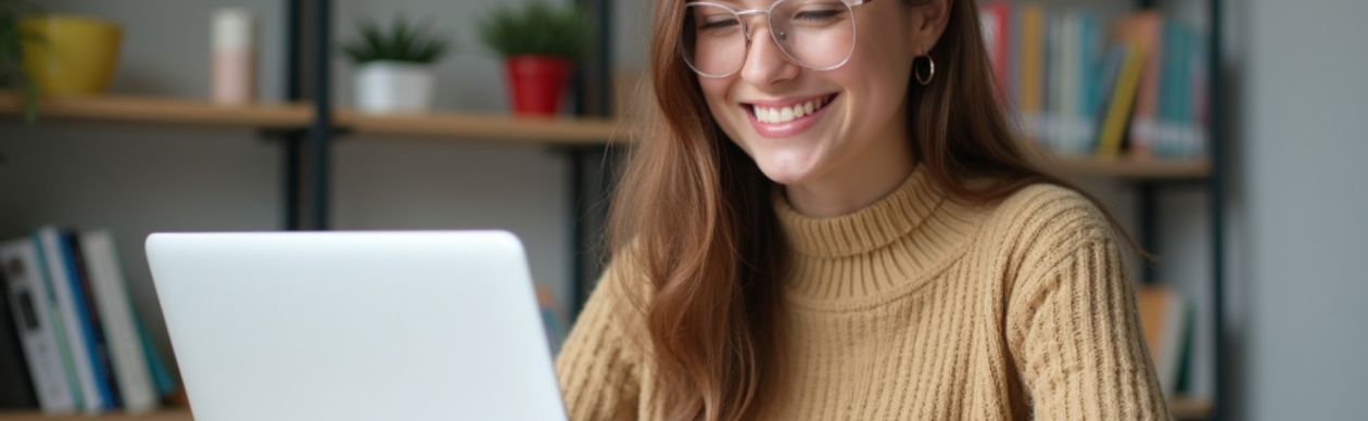 A bespectacled woman in a sweater smiling at a laptop