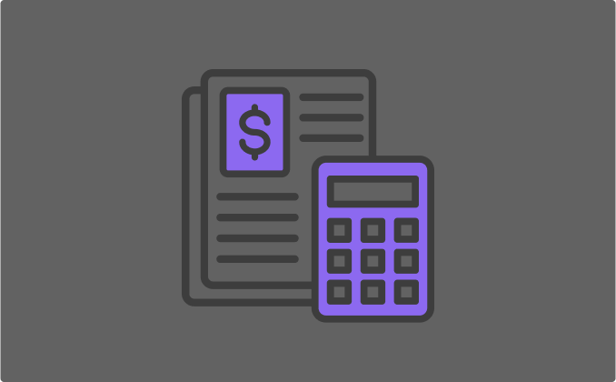 The image shows a dark gray background with a document featuring a dollar sign and lines, next to a purple calculator, symbolizing finance and accounting.