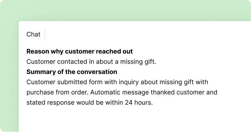 Chat summary on a light green background. Customer queried a missing gift with purchase. Automated response promised reply within 24 hours.
