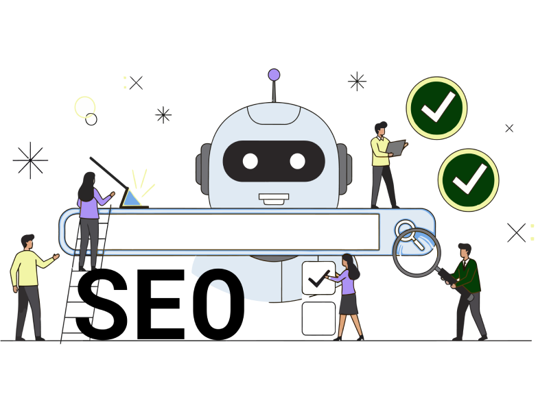 Illustration of people building and optimizing SEO around a large robot search bar, with checkmarks and the word SEO.