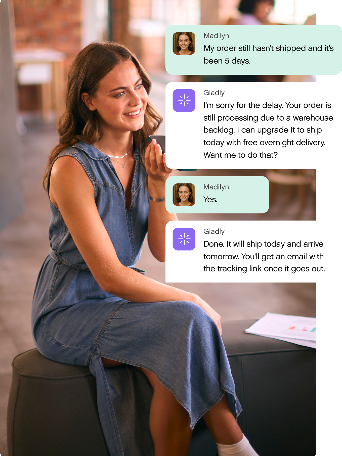 A woman in a denim dress smiles while chatting on her phone. Text bubbles show a conversation about a delayed order and a shipping update. Relaxed tone.