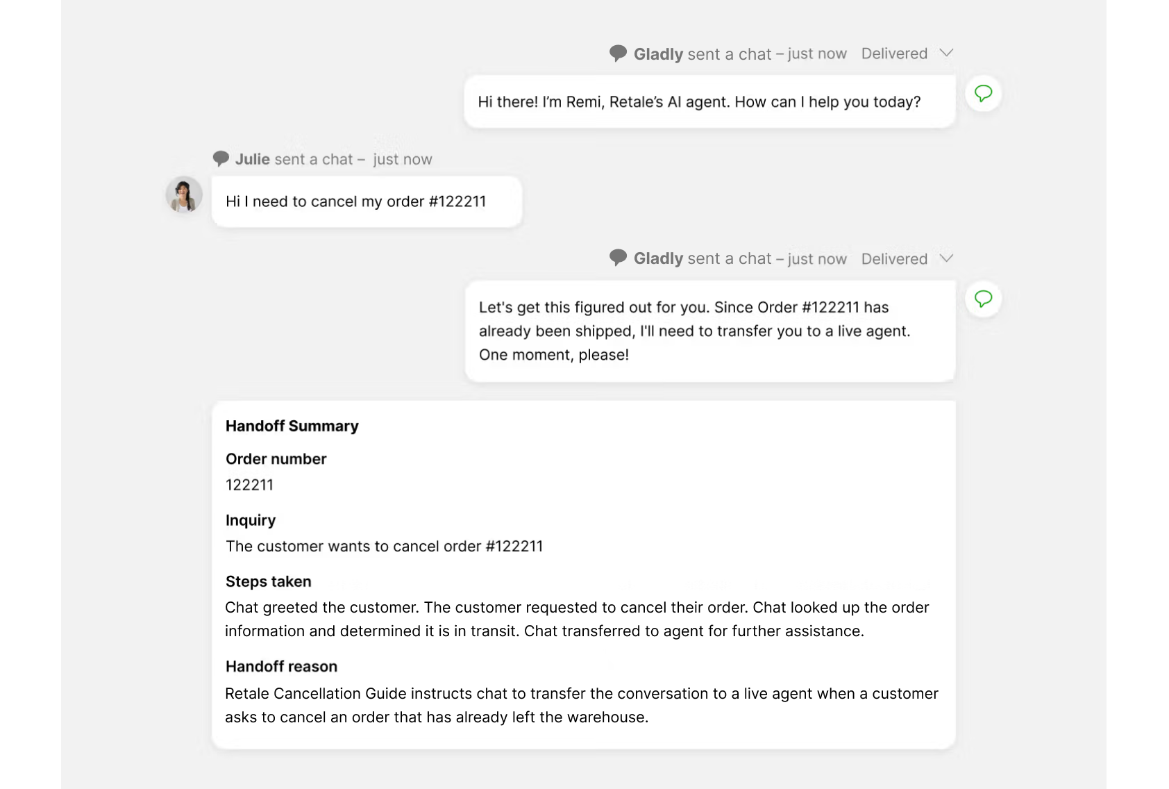 A chat exchange where a customer, Julie, requests to cancel order #122211. The AI agent, Remi from Retale, informs her that the order is shipped and begins transferring her to a live agent. A "Handoff Summary" outlines the situation and steps taken due to cancellation policies.