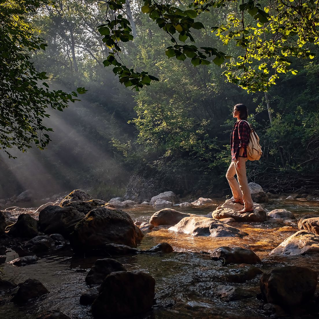 A person stands on rocks in a sunlit forest stream, wearing a backpack and flannel shirt. Sunbeams filter through leaves, creating a serene, contemplative mood.