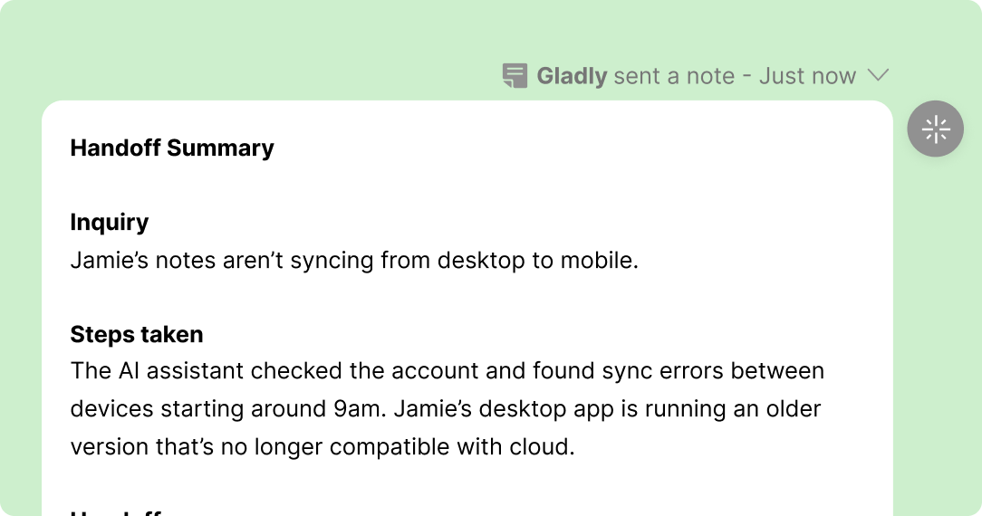 Handoff Summary note on a light green background. It details sync issues with Jamie's notes between desktop and mobile due to outdated app version.
