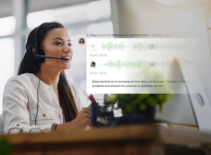 CX agent talking on a headset with overlaid screenshot of a voice conversation with a customer