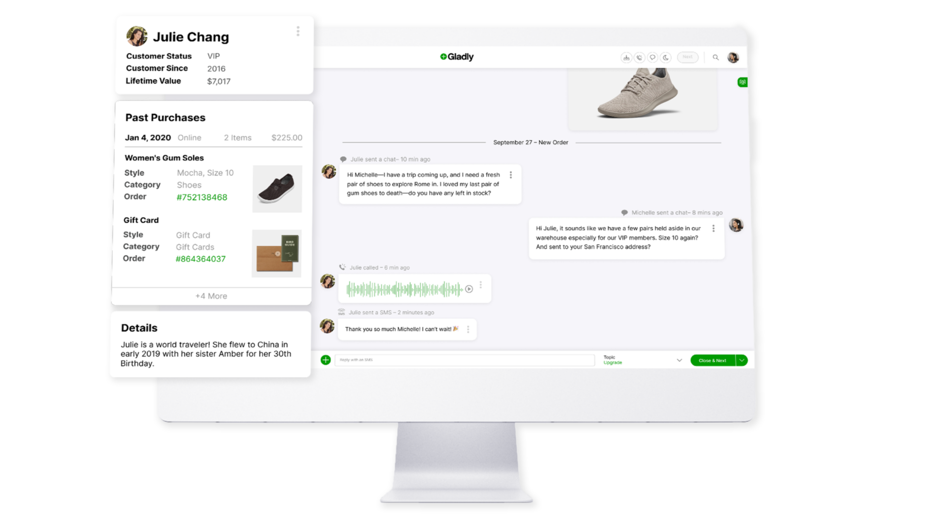 Chat interface showing a conversation between a customer named Julie and a service representative, discussing a shoe order. Past purchases and customer details are displayed.