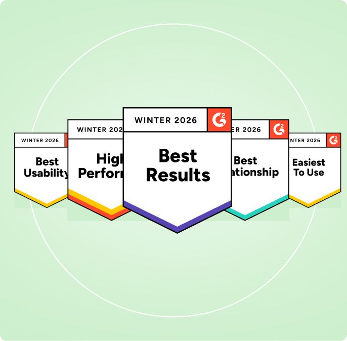 Five award badges on a black background with concentric circles, labeled "Winter 2026." Center badge reads "Best Results," surrounded by others like "Best Usability."