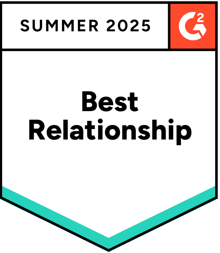 Badge for "Best Relationship" in bold text, set against a white background with a teal border. Top features "Summer 2025" and a red G2 logo, conveying achievement and recognition.