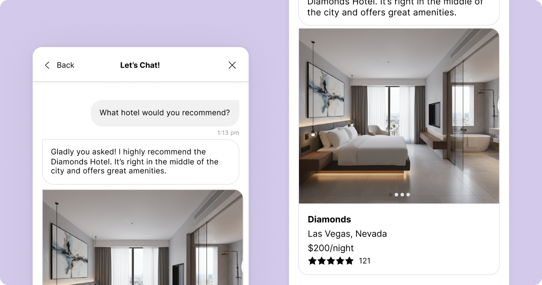 Split-screen image showing a chat recommending "Diamonds Hotel," praised for location and amenities. Adjacent is a sleek hotel room photo with pricing details.