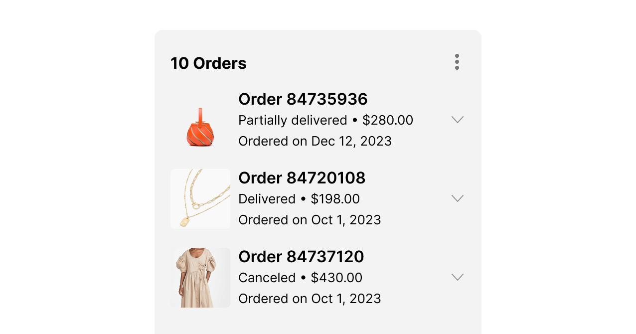 Order summary with three items: a red bag partially delivered, a necklace delivered, and a dress order canceled. Dates and prices included.