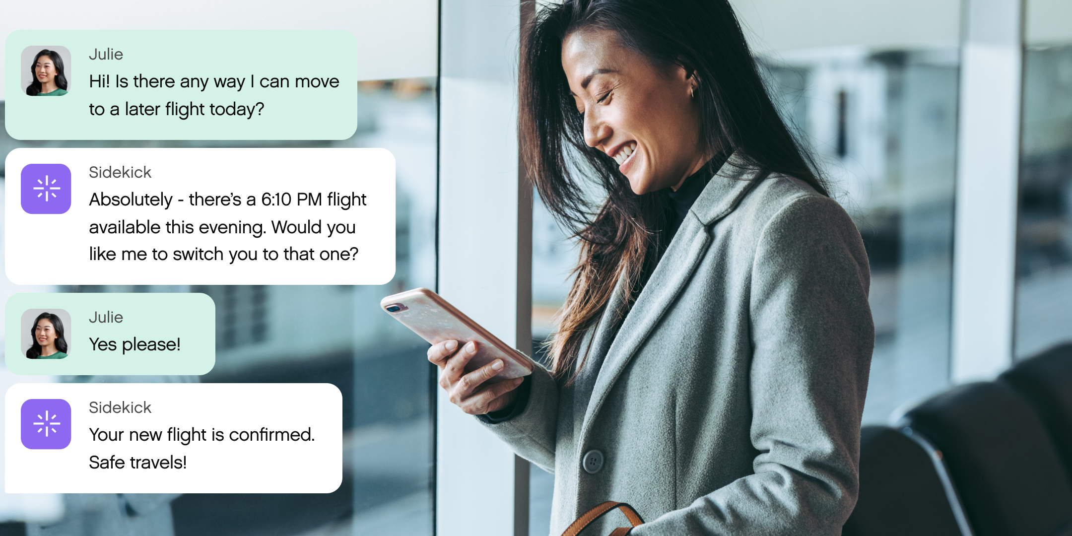 A woman at an airport smiles at her phone. Chat messages on the left show a successful flight change to 6:10 PM. The scene conveys relief and satisfaction.