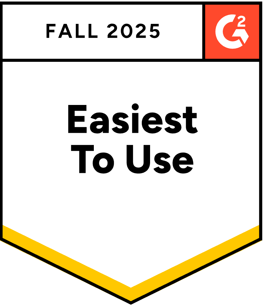 Banner with text "Fall 2025 Easiest To Use" in large bold font. Decorated with a red G2 logo in the top right. Black and yellow accents add emphasis.