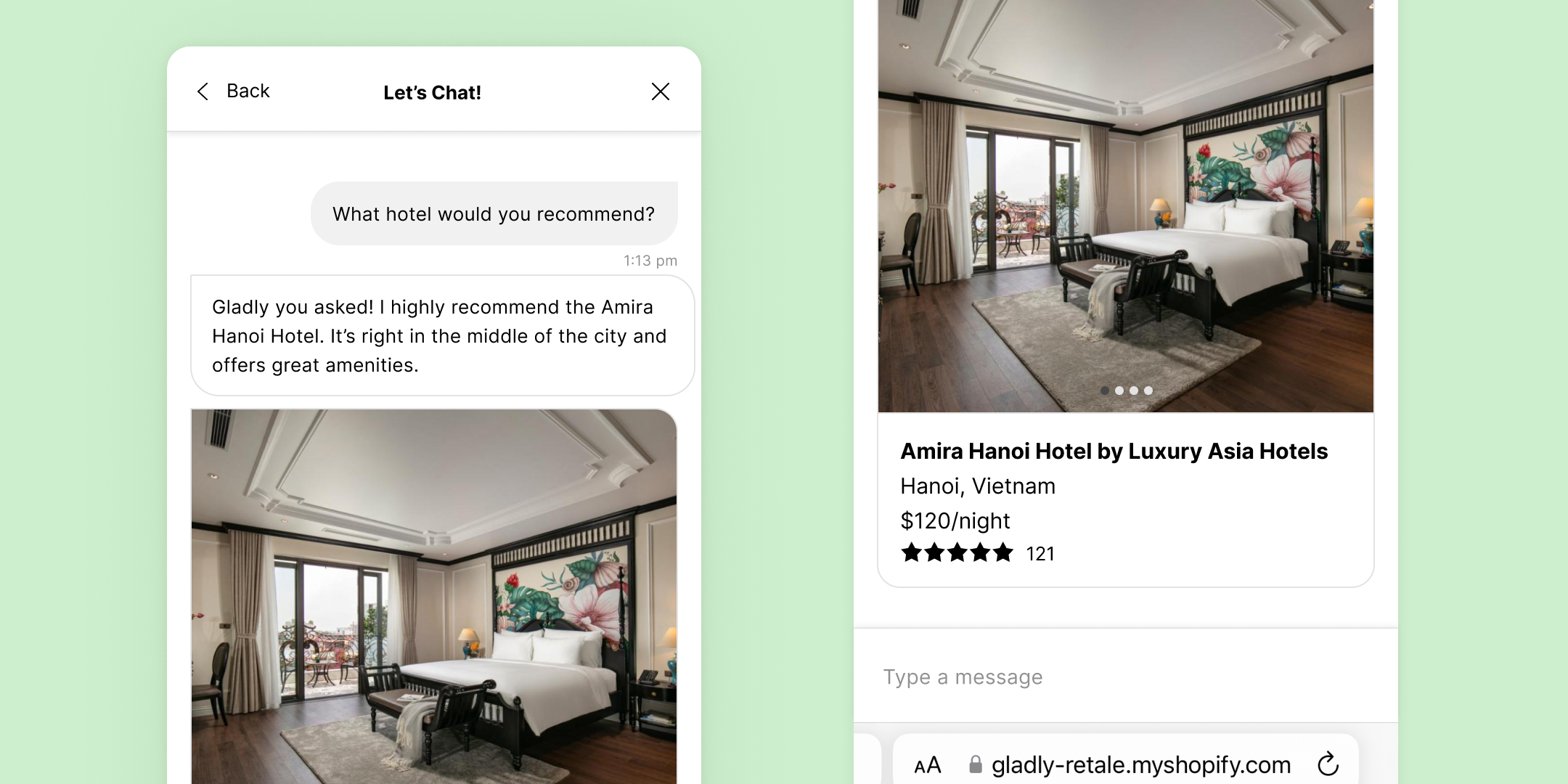 Chat recommendation for Amira Hanoi Hotel with photo. Modern room has floral artwork, large windows, and elegant decor. Listed at $120/night.