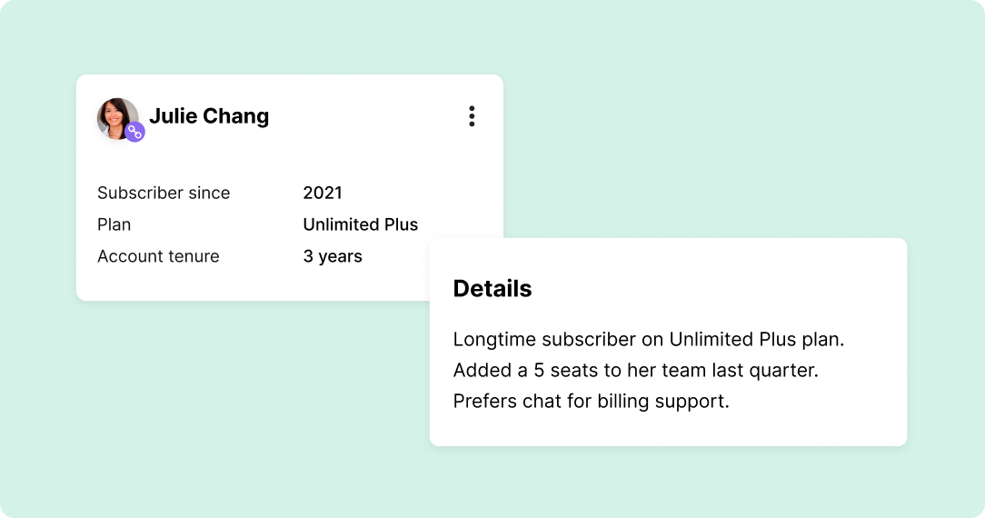 A profile card for "Julie Chang" shows her as a subscriber since 2021 on the Unlimited Plus plan, with 3 years tenure. An adjacent card highlights her preference for chat support and her recent addition of five seats to the team.
