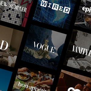 A grid of nine magazine logos, including The New Yorker, Wired, Epicurious, AD, Vogue, Vanity Fair, Conde Nast Traveler, Bon Appétit, and GQ.