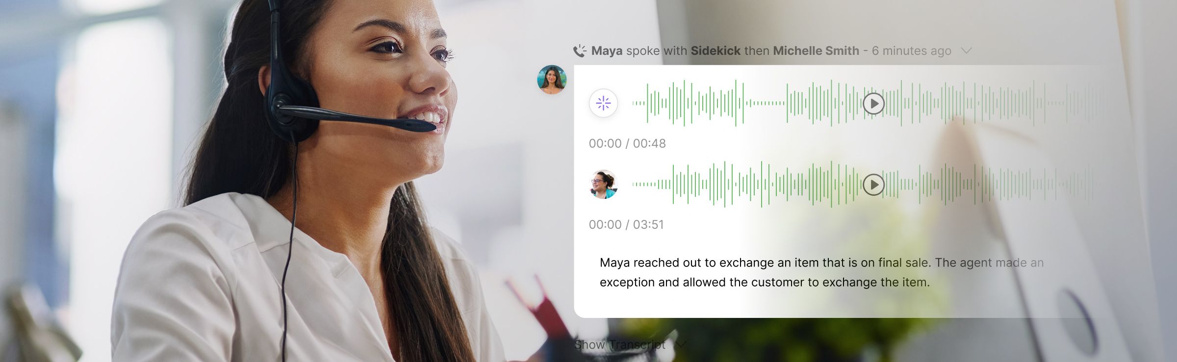 CX agent talking on a headset with overlaid screenshot of a voice conversation with a customer
