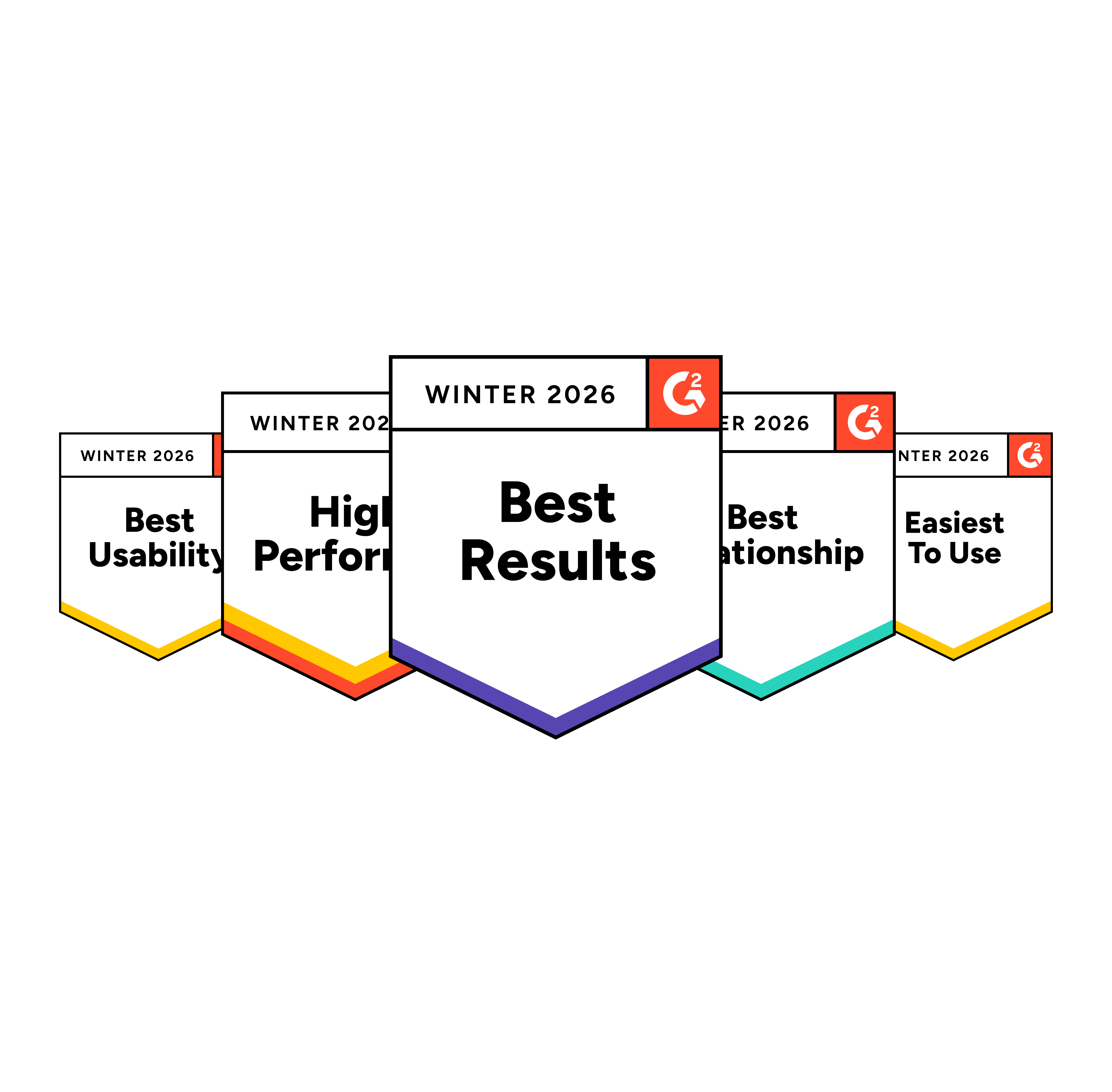 Five award badges on a black background with concentric circles, labeled "Winter 2026." Center badge reads "Best Results," surrounded by others like "Best Usability."