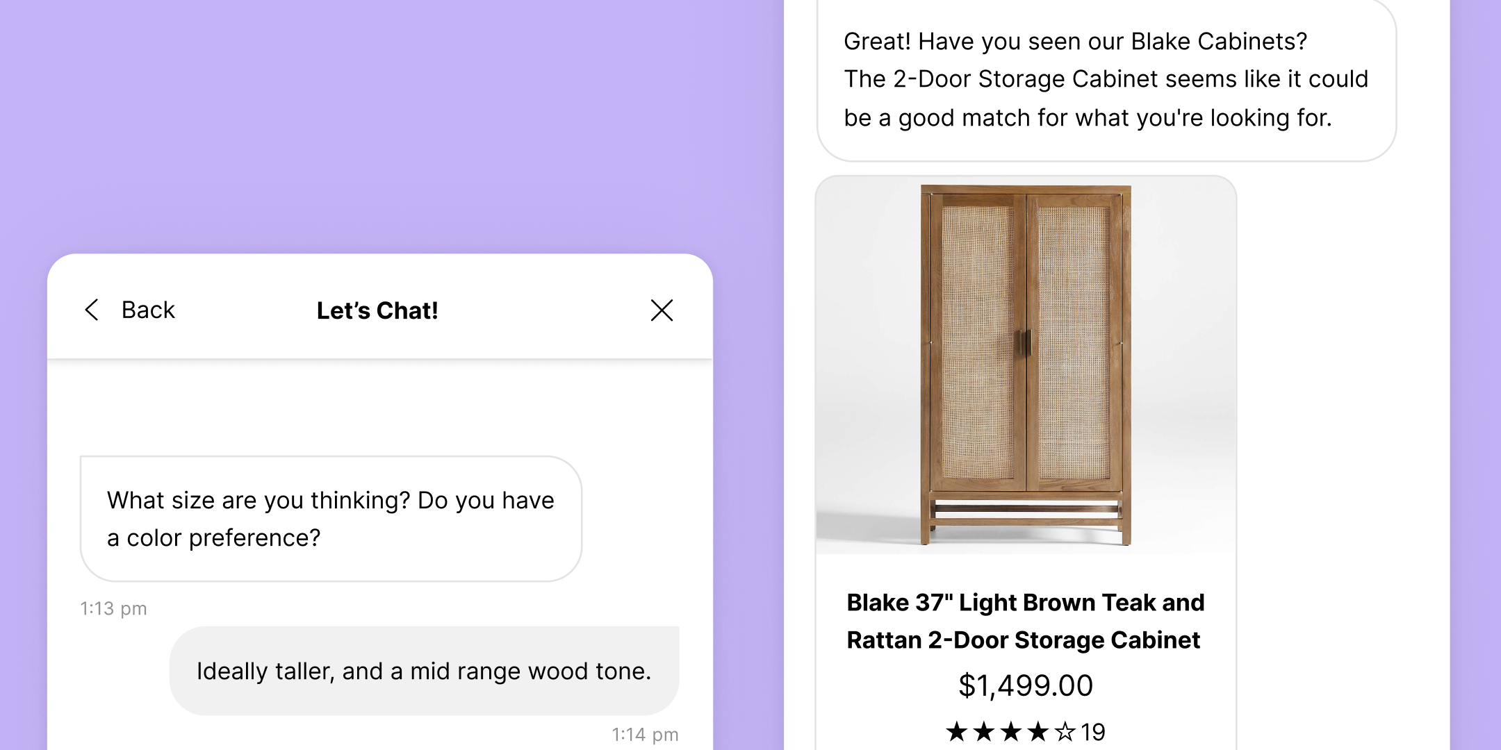 Chat interface on a lavender background discussing furniture size and color preference. A tall, brown teak and rattan cabinet priced at $1,499 is suggested.