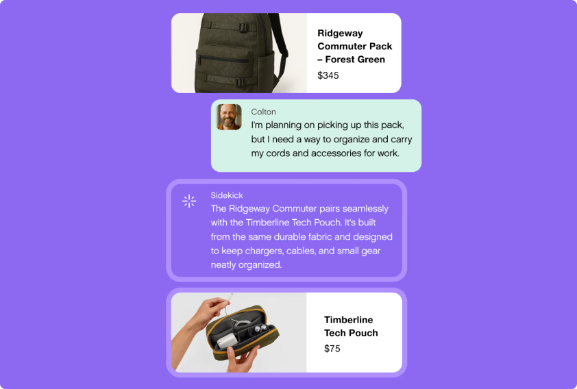 Purple background with a photo of a green backpack labeled 'Ridgeway Commuter Pack' for $345. Below, a message from Colton mentions needing to organize cords. A description highlights pairing with the 'Timberline Tech Pouch,' priced at $75, with a photo of the pouch holding cables