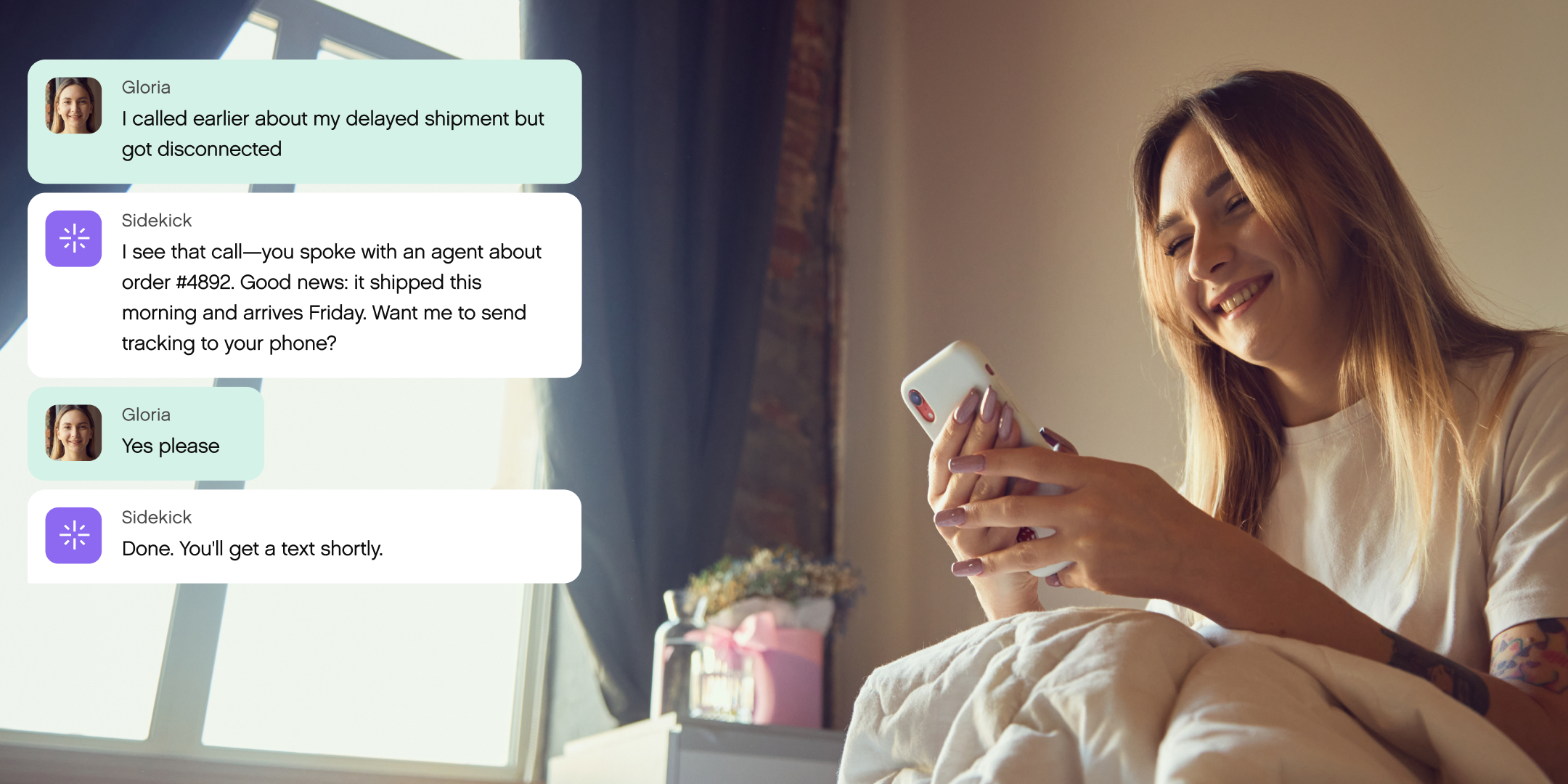 A woman smiles while using her phone in bed, engaging in a customer service chat about a shipment. The room is softly lit, creating a warm, relaxed atmosphere.