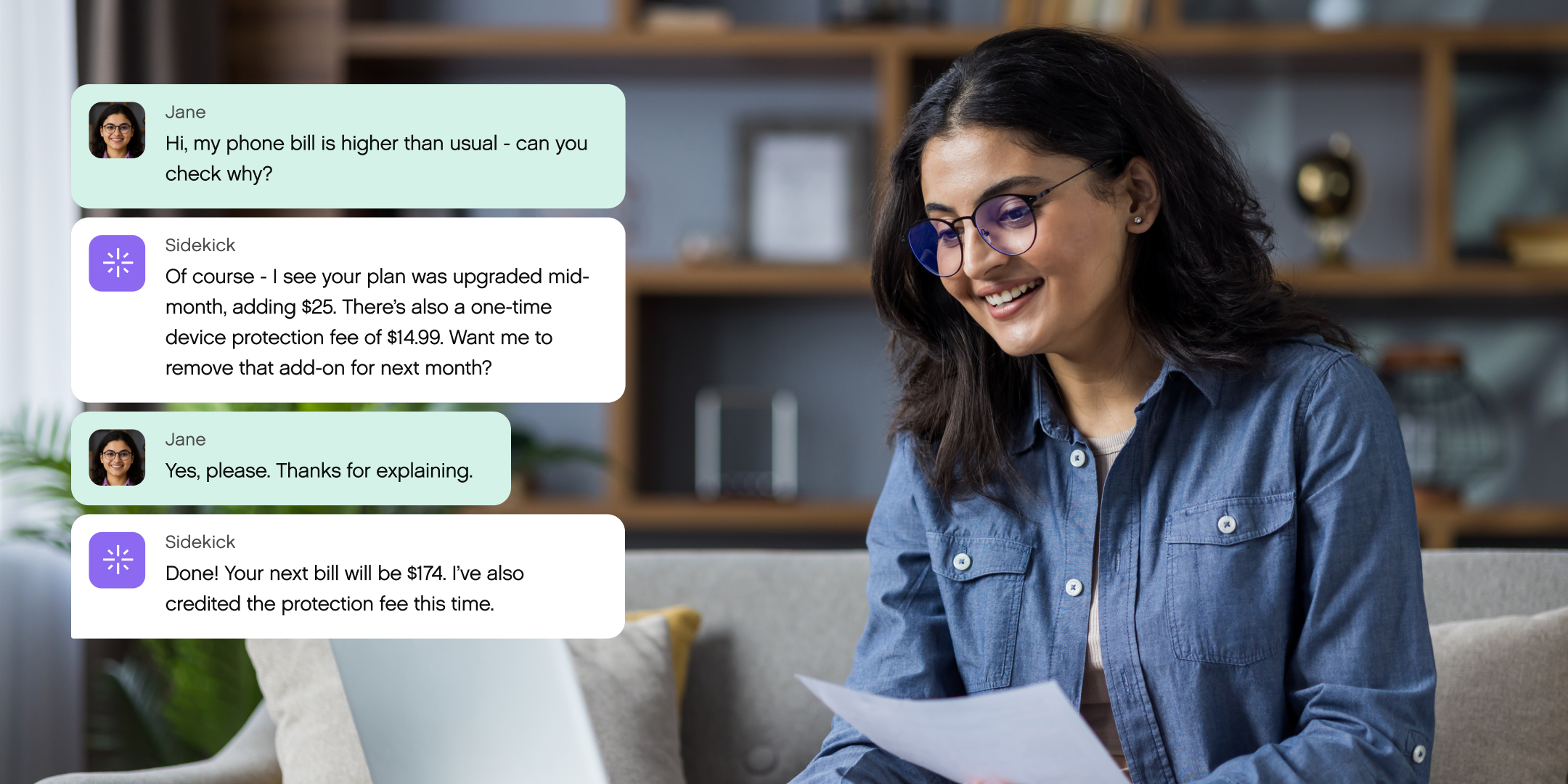 A woman with glasses smiles while reading a document. Chat bubbles show a conversation about a phone bill issue being resolved amicably.