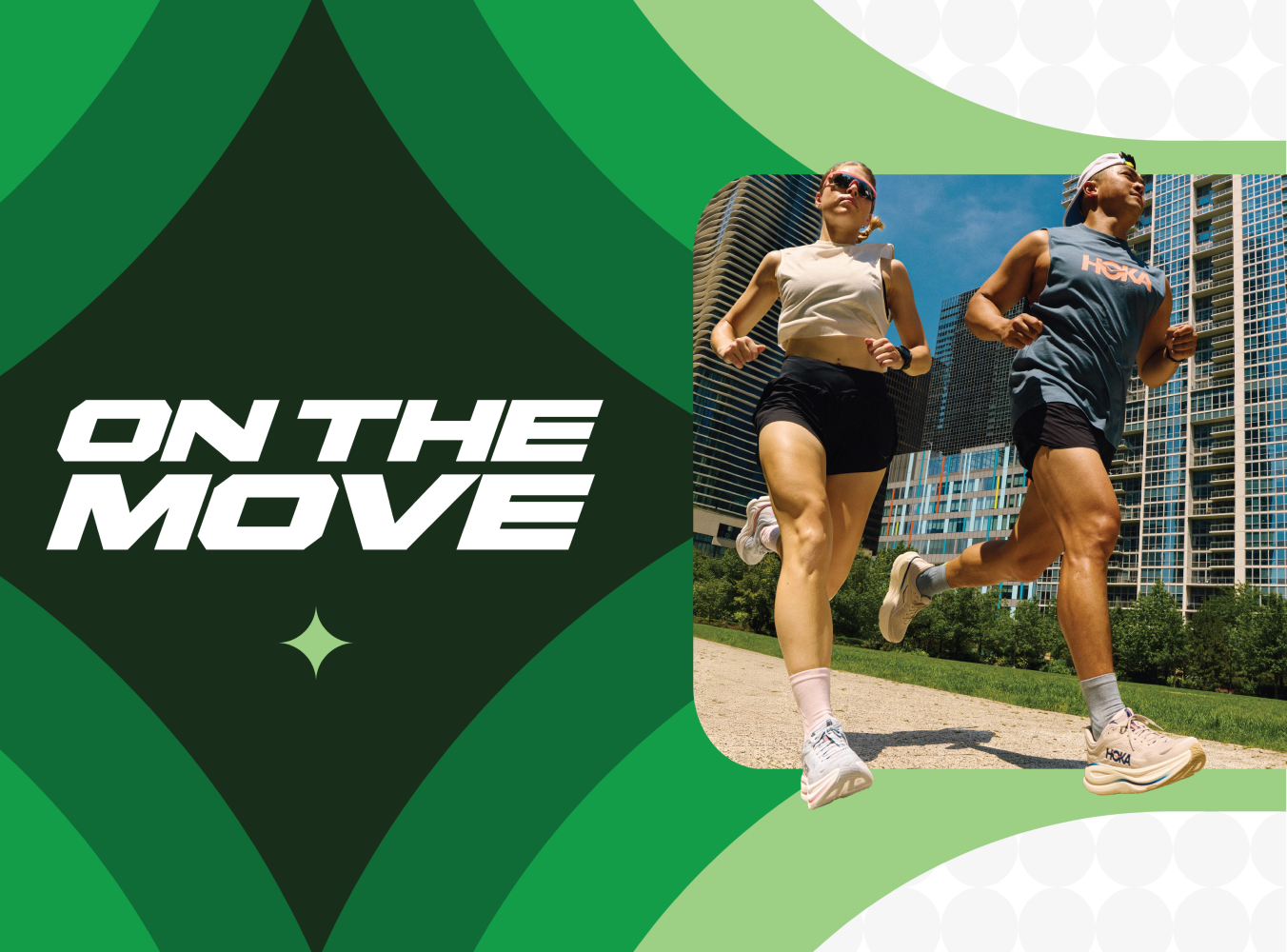 Two people jog on a sunny day in an urban park, with skyscrapers in the background. Bold text above reads "On the Move." The mood is energetic and dynamic.