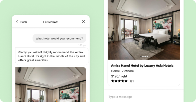 Chat interface showing a hotel recommendation for Amira Hanoi Hotel, with an image of a stylish room featuring a large bed, elegant decor, and a mural.