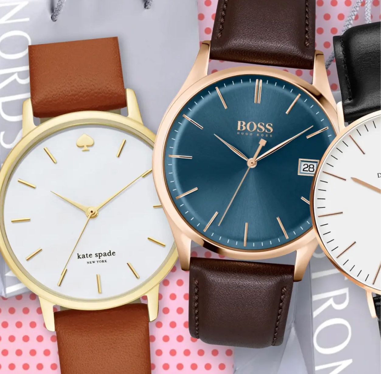 A stylish collage shows three watches. A gold watch with a white face and tan band, a blue-faced watch with a brown band, and a partially visible white watch.