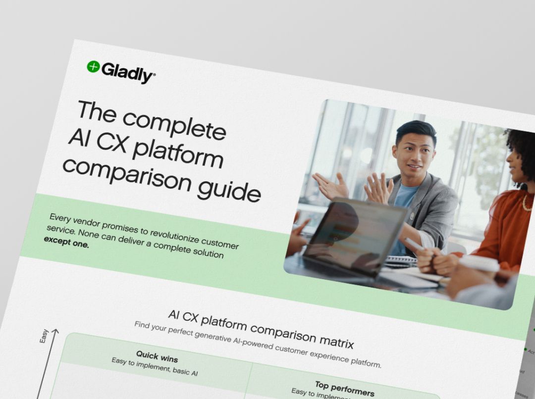 Cover of a guide titled 'The Complete AI CX Platform Comparison Guide' by Gladly. A small group in discussion is pictured near a laptop, suggesting collaboration. Below, a matrix compares AI CX platforms, indicating performance categories.