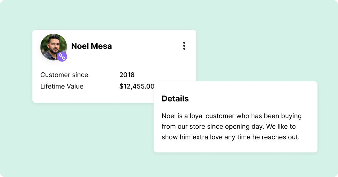 Profile card on a light green background showing customer Noel Mesa since 2018, lifetime value $12,455.00. Details praise customer loyalty.