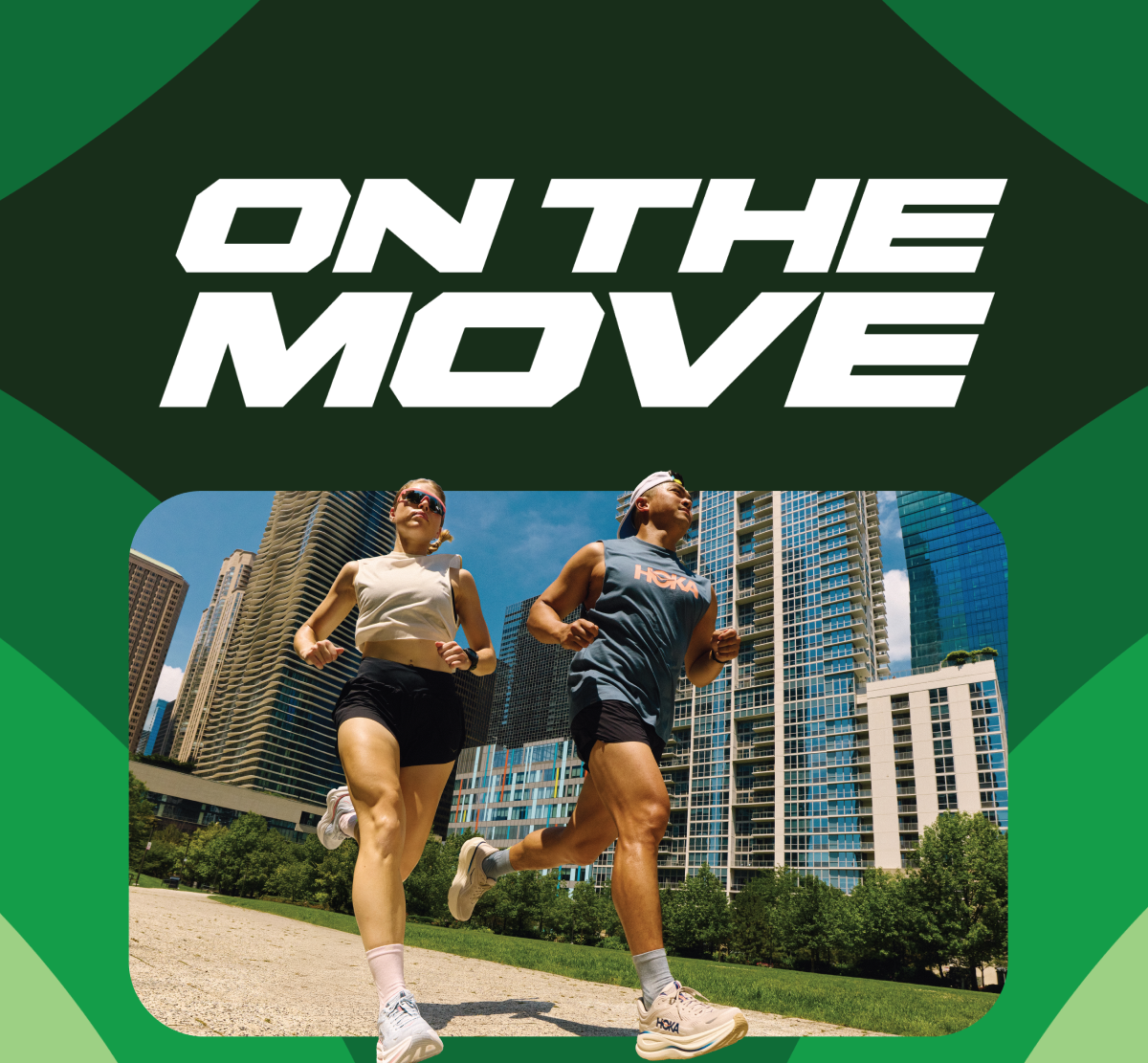 Two people jog on a sunny day in an urban park, with skyscrapers in the background. Bold text above reads "On the Move." The mood is energetic and dynamic.