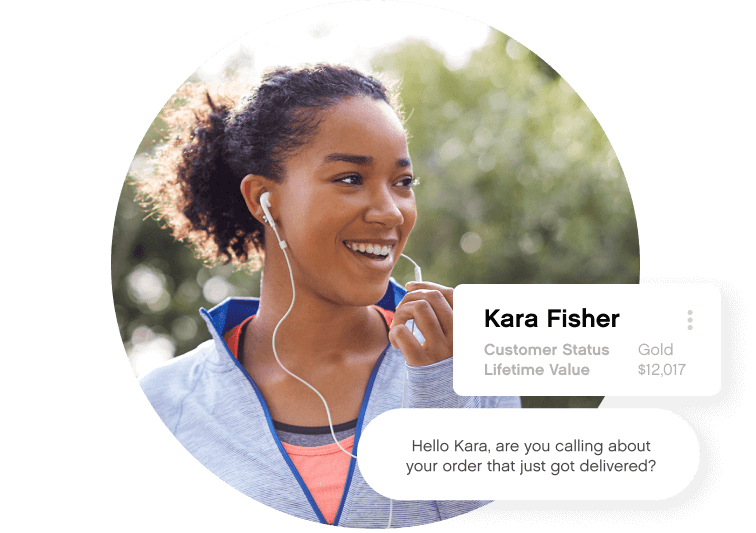 Smiling woman with earbuds, wearing a light jacket outdoors. Textbox shows customer info "Kara Fisher, Gold, $12,017" and a greeting message.