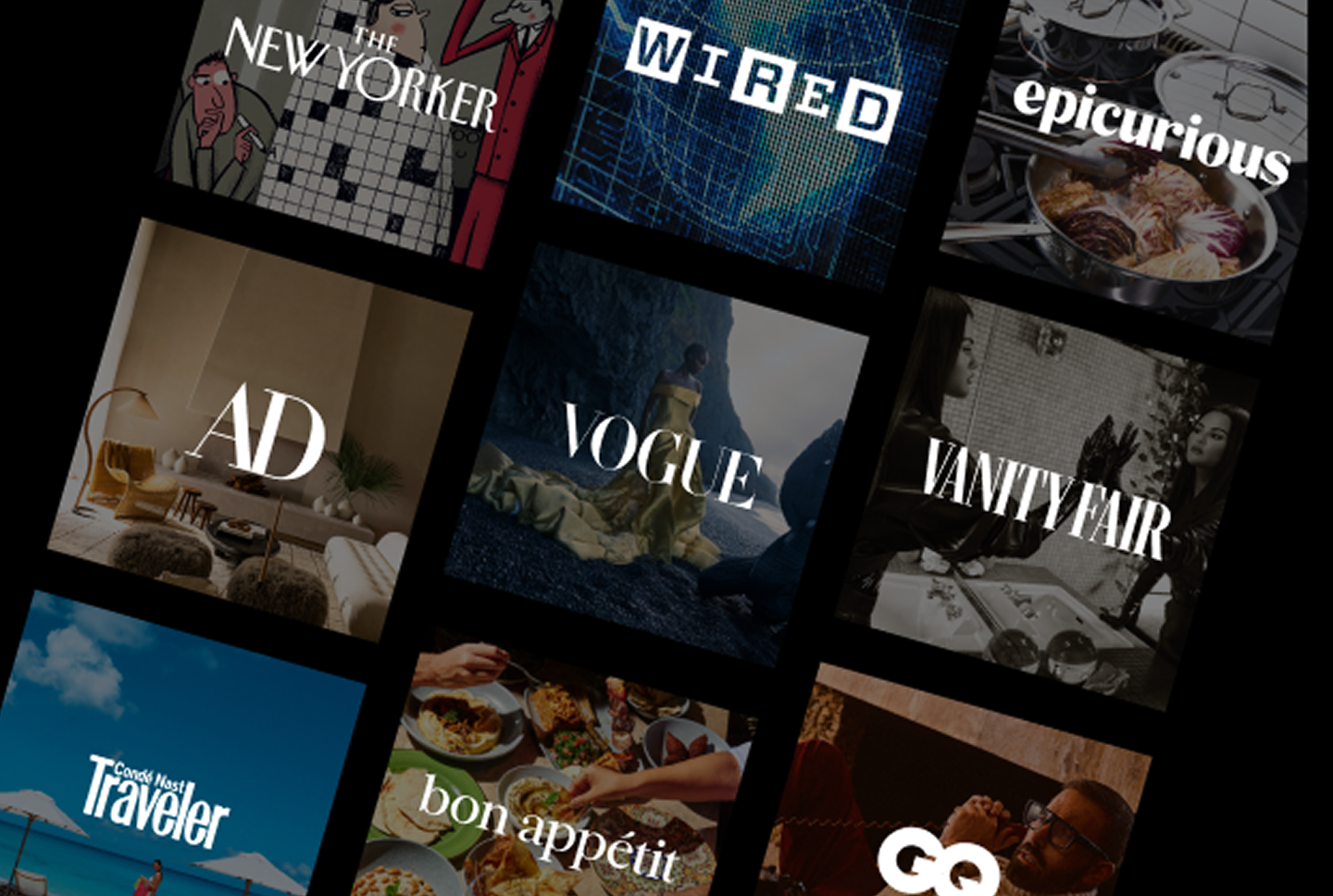 A grid of nine magazine logos, including The New Yorker, Wired, Epicurious, AD, Vogue, Vanity Fair, Conde Nast Traveler, Bon Appétit, and GQ.