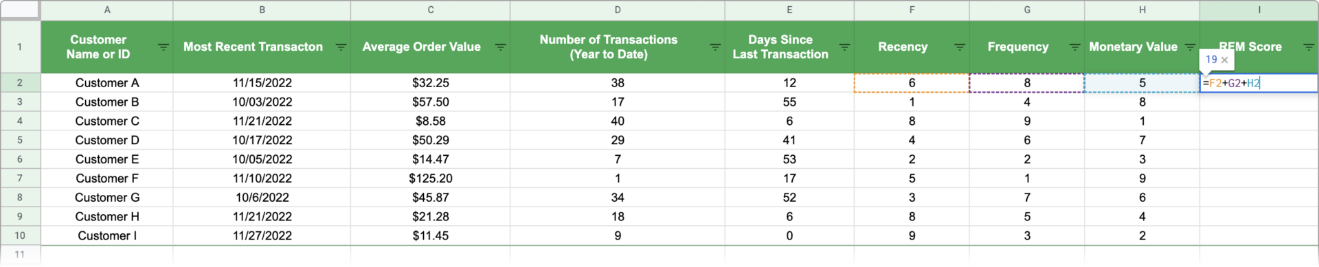 RFM Formula 5 being entered into a spreadsheet