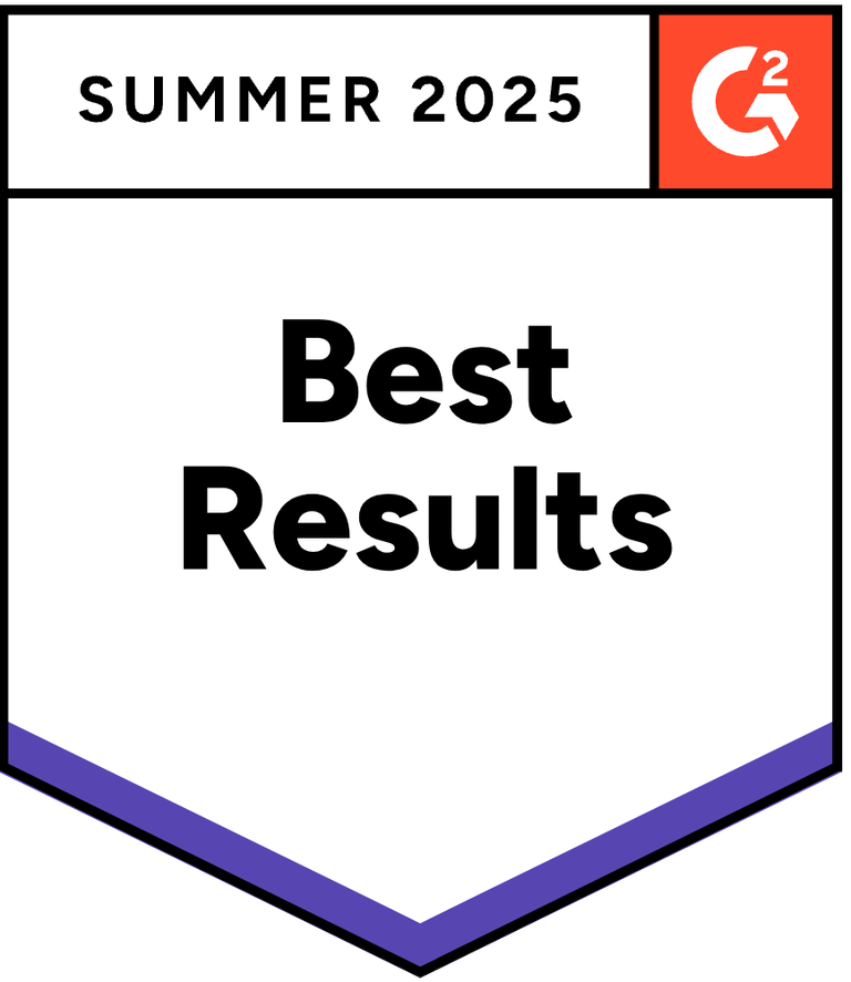 G2 badge displaying "Summer 2025 Best Results" with a white background, black text, and purple underline. The G2 logo is in the top right.