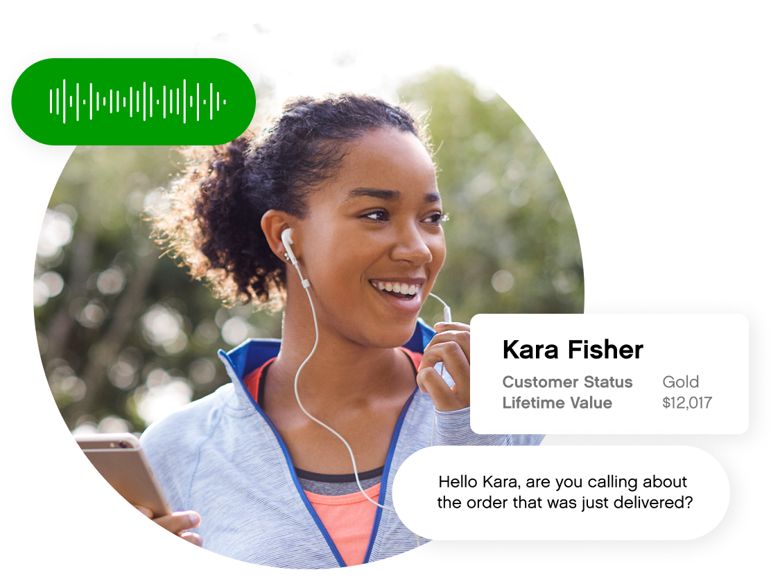 Young woman with earbuds smiling outside using a smartphone. Text overlays show she's Kara, a gold status customer, valued at $12,017.