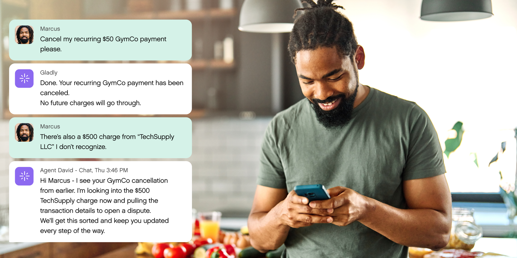A man in a kitchen smiles while using his phone. Messages beside him show interactions with virtual assistants handling payment and fraud issues.