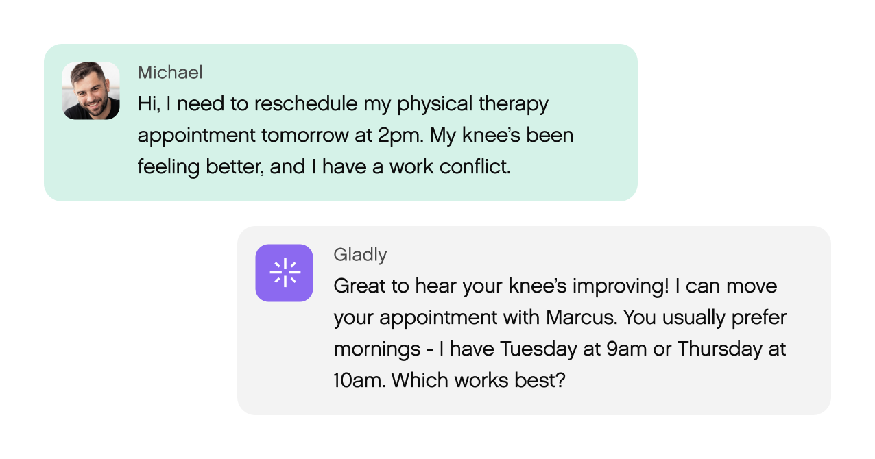 Michael requests a reschedule for his physical therapy. Gladly replies, offering new morning appointments and expressing joy at his improvement.