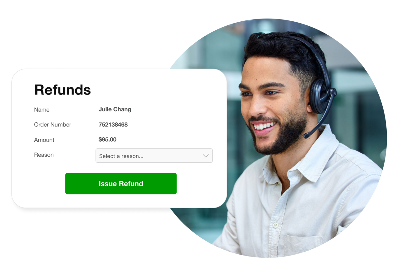 Reflection of a Refund process. A smiling customer service representative wearing a headset sits beside a digital form titled "Refunds." Key info includes Name, Order Number, Amount, and Reason.