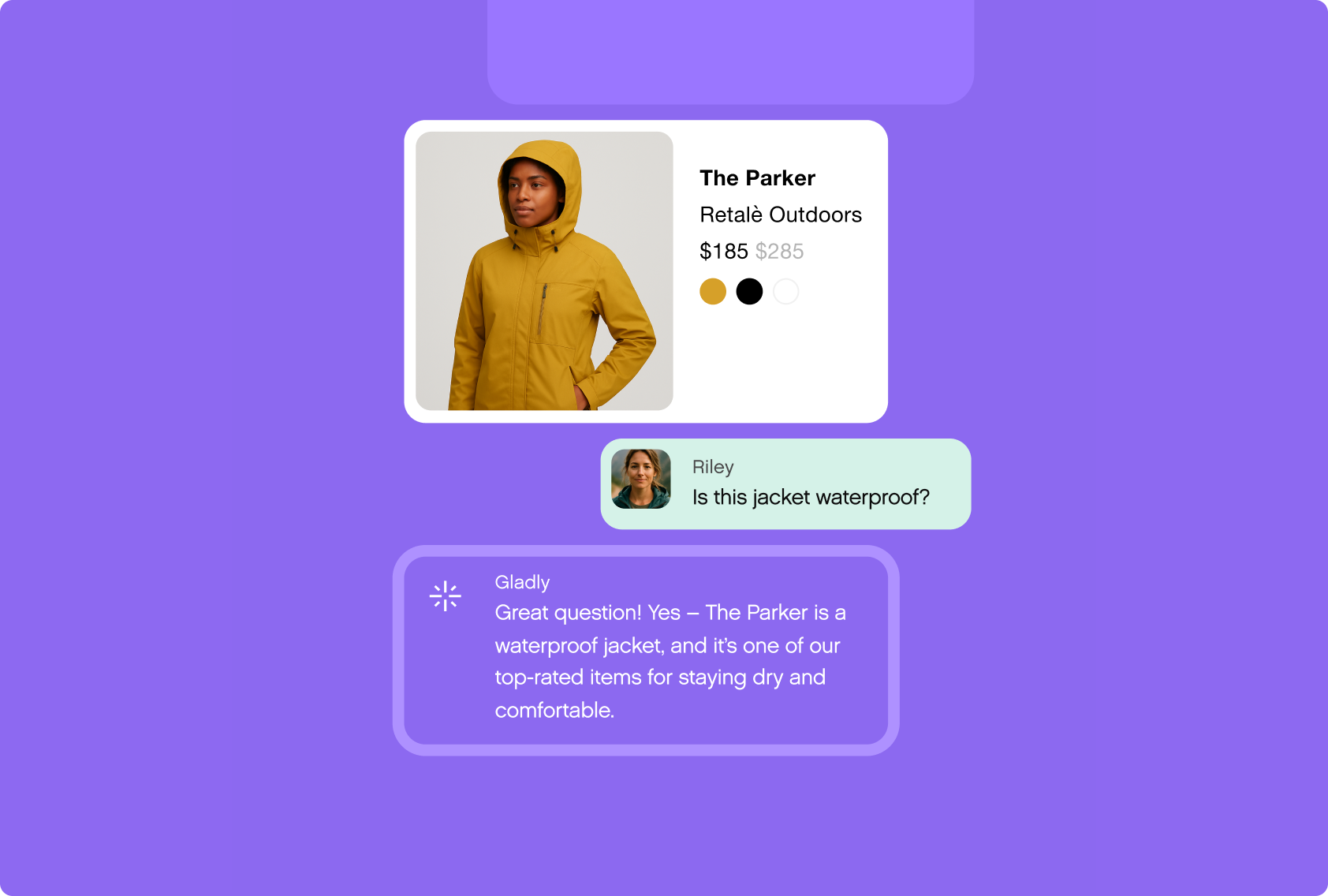 A person wearing a yellow hooded jacket is shown on a product page for "The Parker" by Retale Outdoors, priced at $185. Colors available: yellow, black, white. A customer asks if it's waterproof, and a response confirms it is, highlighting its comfort and waterproof quality. Background is purple.