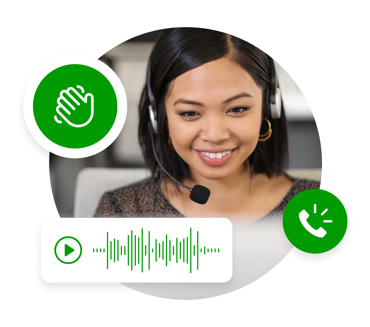 A customer service agent with headphones taking care of a customer using Sidekick on Voice