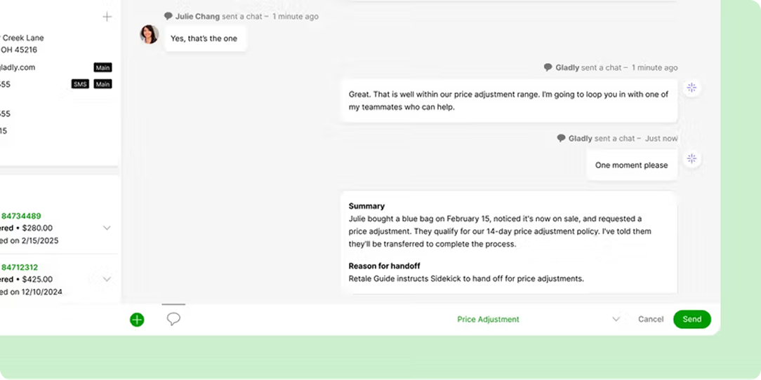 Chat interface displaying a conversation between Julie and Gladly about a price adjustment for a blue bag. Summary and handoff details are noted below.