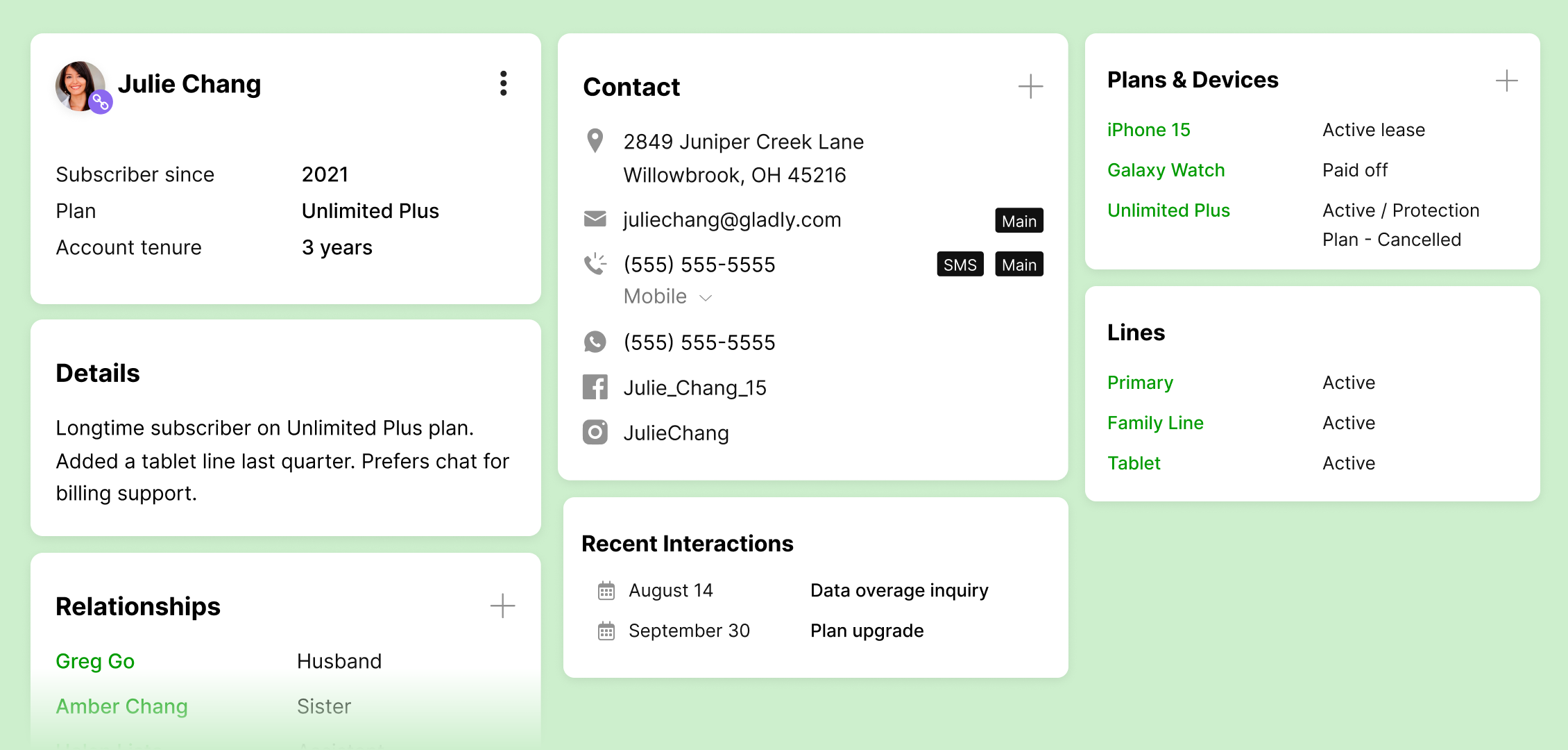 Alt text: "Profile dashboard for Julie Chang with contact info, plan details, relationships, and recent interactions. Green background, organized layout."